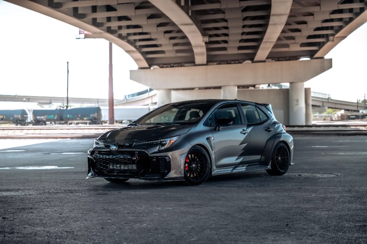 Lia Block's custom GR Corolla under an overpass